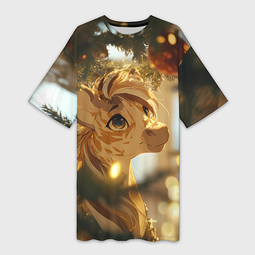 Женская длинная футболка Лошадка любуется елочным шаром / 3D-принт – фото 1