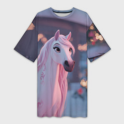 Футболка женская длинная Лошадка и новогодняя елка, цвет: 3D-принт