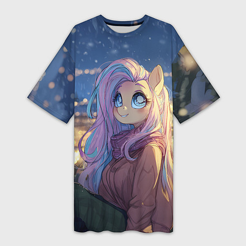 Женская длинная футболка Аниме - лошадка в новогодней атмосфере / 3D-принт – фото 1
