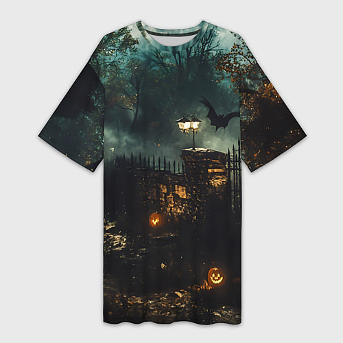 Женская длинная футболка Ночь тыкв и теней / 3D-принт – фото 1