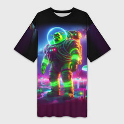 Футболка женская длинная Космонавт Шрук в неоновом скафандре на загадочной, цвет: 3D-принт