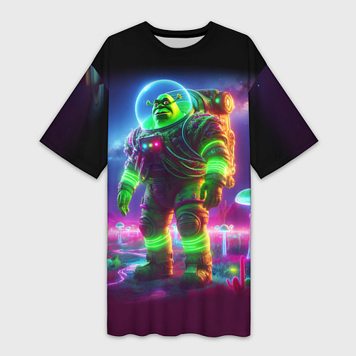 Женская длинная футболка Космонавт Шрук в неоновом скафандре на загадочной / 3D-принт – фото 1