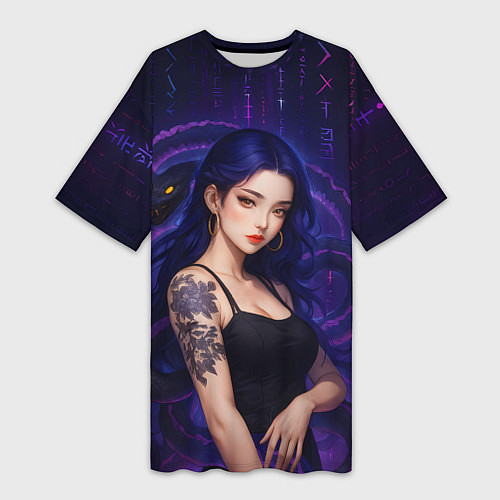 Женская длинная футболка Девушка с тату на руке и пурпурная змея / 3D-принт – фото 1