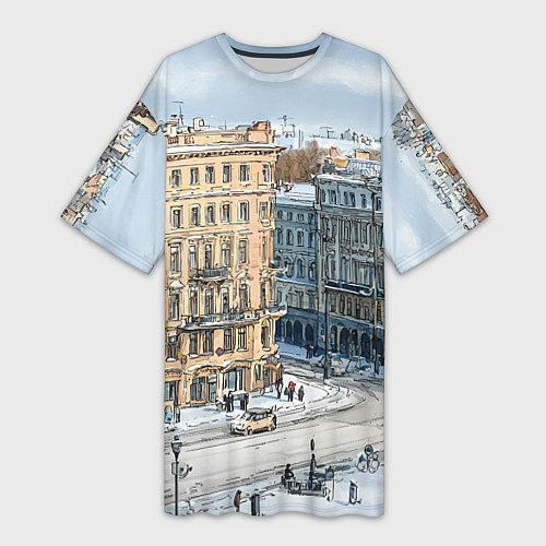 Женская длинная футболка Зимняя улица Питера / 3D-принт – фото 1