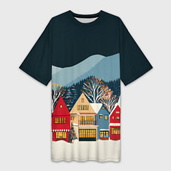 Футболка женская длинная Новогодний городок в горах, цвет: 3D-принт