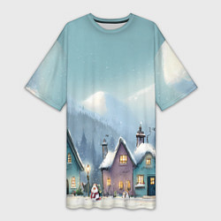 Футболка женская длинная Новогодние дома, цвет: 3D-принт
