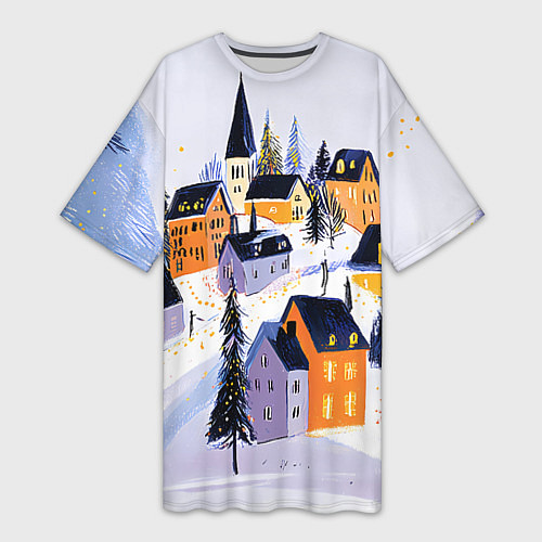 Женская длинная футболка Новогодние домики на горе / 3D-принт – фото 1