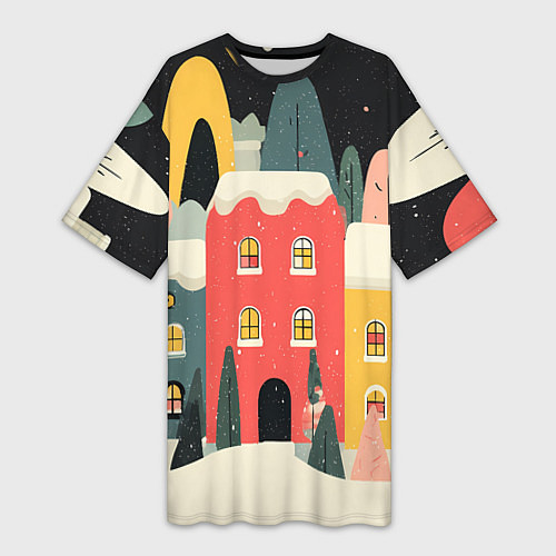 Женская длинная футболка Разноцветные новогодние дома / 3D-принт – фото 1