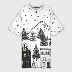 Женская длинная футболка Заснеженный черно-белый город