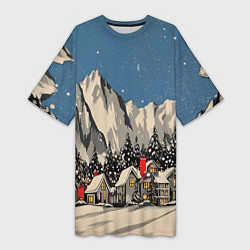 Женская длинная футболка Небольшой новогодний город в горах
