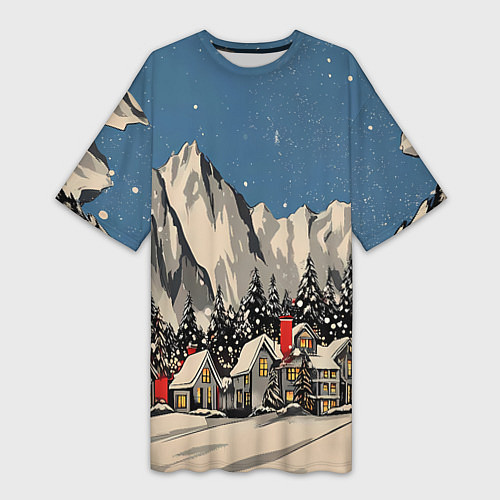 Женская длинная футболка Небольшой новогодний город в горах / 3D-принт – фото 1