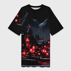 Женская длинная футболка Новогодняя ночь и красные гирлянды