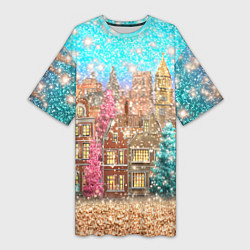 Женская длинная футболка Новогодний город в блестках