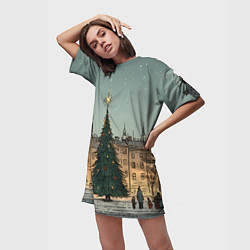 Футболка женская длинная Новогодняя елка во дворе, цвет: 3D-принт — фото 2