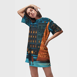 Футболка женская длинная Городская светящаяся елка, цвет: 3D-принт — фото 2