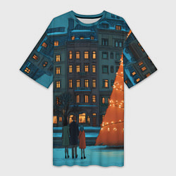 Футболка женская длинная Городская светящаяся елка, цвет: 3D-принт