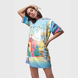 Футболка женская длинная Разноцветный новогодний дворик, цвет: 3D-принт — фото 2