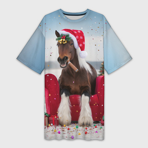 Женская длинная футболка Новогодний конь / 3D-принт – фото 1