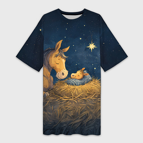 Женская длинная футболка Лошадка спит с жеребенком / 3D-принт – фото 1