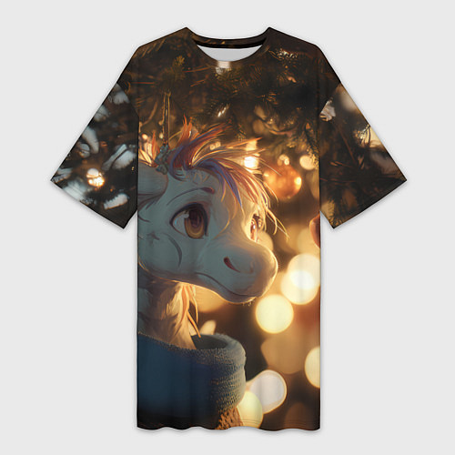 Женская длинная футболка Лошадка под новогодней елкой / 3D-принт – фото 1