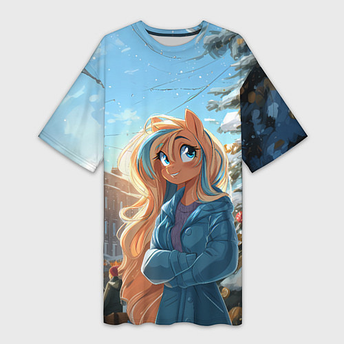 Женская длинная футболка Лошадка на новогодней площади / 3D-принт – фото 1