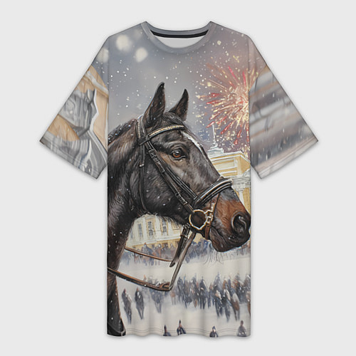 Женская длинная футболка Конь на фоне салюта / 3D-принт – фото 1