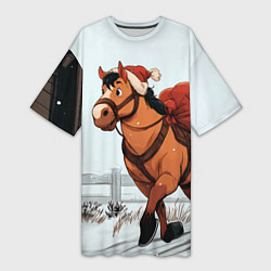 Футболка женская длинная Лошадка везет новогодние подарки, цвет: 3D-принт