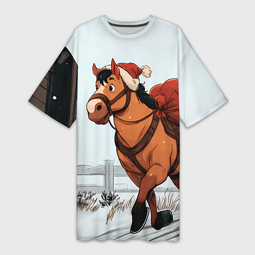 Женская длинная футболка Лошадка везет новогодние подарки / 3D-принт – фото 1