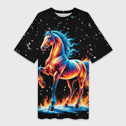 Женская длинная футболка Лошадь на снегу / 3D-принт – фото 1