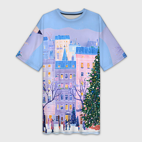 Женская длинная футболка Новогодний двор / 3D-принт – фото 1