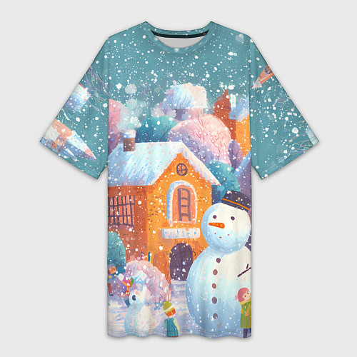 Женская длинная футболка Дети во дворе лепят снеговика / 3D-принт – фото 1