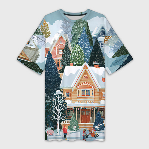 Женская длинная футболка Новогодний елочный двор / 3D-принт – фото 1