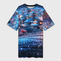 Женская длинная футболка Новогодний двор в блестках