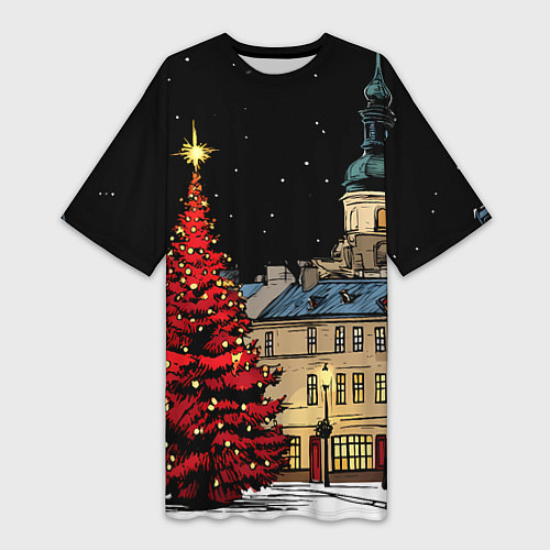 Женская длинная футболка Красная новогодняя елка / 3D-принт – фото 1