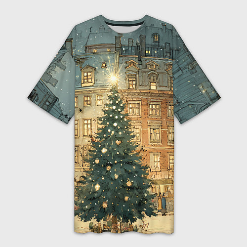 Женская длинная футболка Новогодний старый город / 3D-принт – фото 1