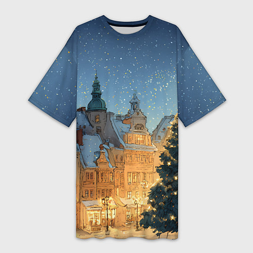 Женская длинная футболка Новый год в старом городе / 3D-принт – фото 1