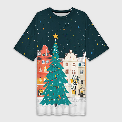 Женская длинная футболка Новогодняя ночь в городе / 3D-принт – фото 1
