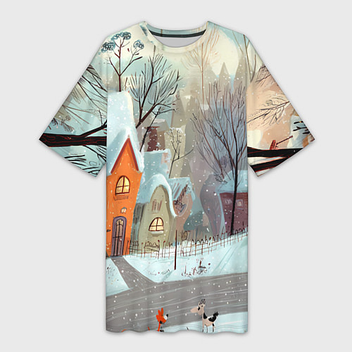 Женская длинная футболка Милый новогодний дворик / 3D-принт – фото 1