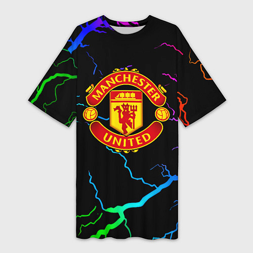 Женская длинная футболка Манчестер Юнайтед неоновые молнии / 3D-принт – фото 1