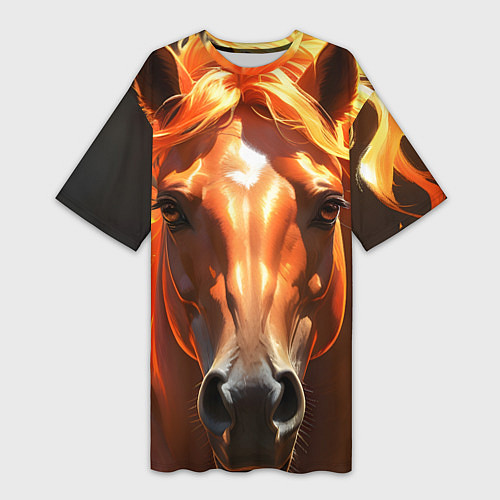 Женская длинная футболка Портрет огненной лошади / 3D-принт – фото 1