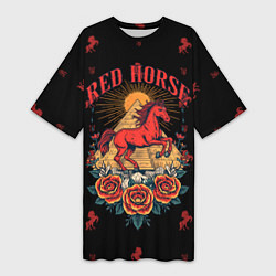 Футболка женская длинная Красная лошадь на фоне пирамиды, цвет: 3D-принт