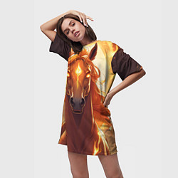 Футболка женская длинная Огненная лошадь в свечении, цвет: 3D-принт — фото 2
