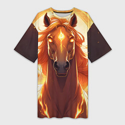 Женская длинная футболка Огненная лошадь в свечении