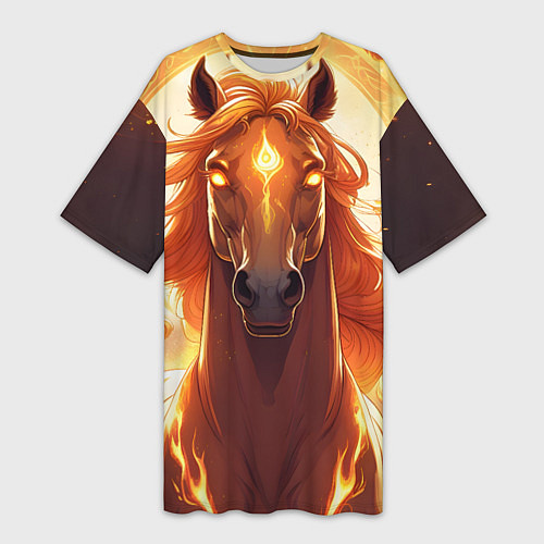 Женская длинная футболка Огненная лошадь в свечении / 3D-принт – фото 1