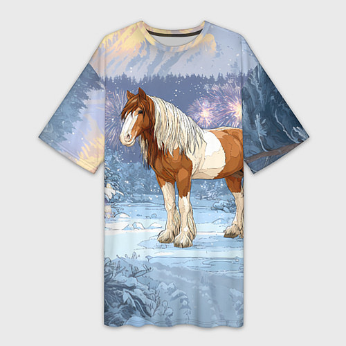 Женская длинная футболка Новогодняя лошадка в лесу / 3D-принт – фото 1