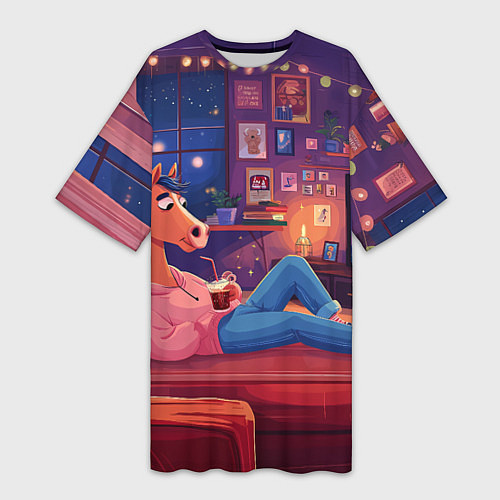 Женская длинная футболка Конь в Новогодние праздники у телевизора / 3D-принт – фото 1