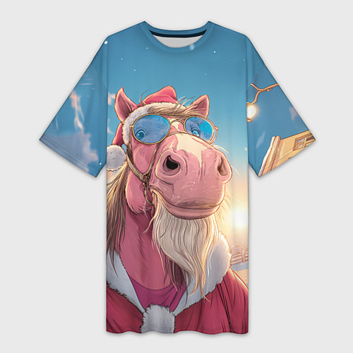 Женская длинная футболка Новогодний конь сэлфи / 3D-принт – фото 1