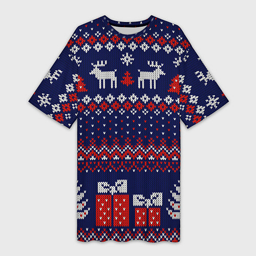 Женская длинная футболка Новогодний вязаный паттерн / 3D-принт – фото 1