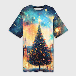 Женская длинная футболка Новогодняя елка за городом