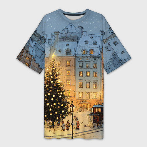 Женская длинная футболка Новый год в старом уютном городе / 3D-принт – фото 1
